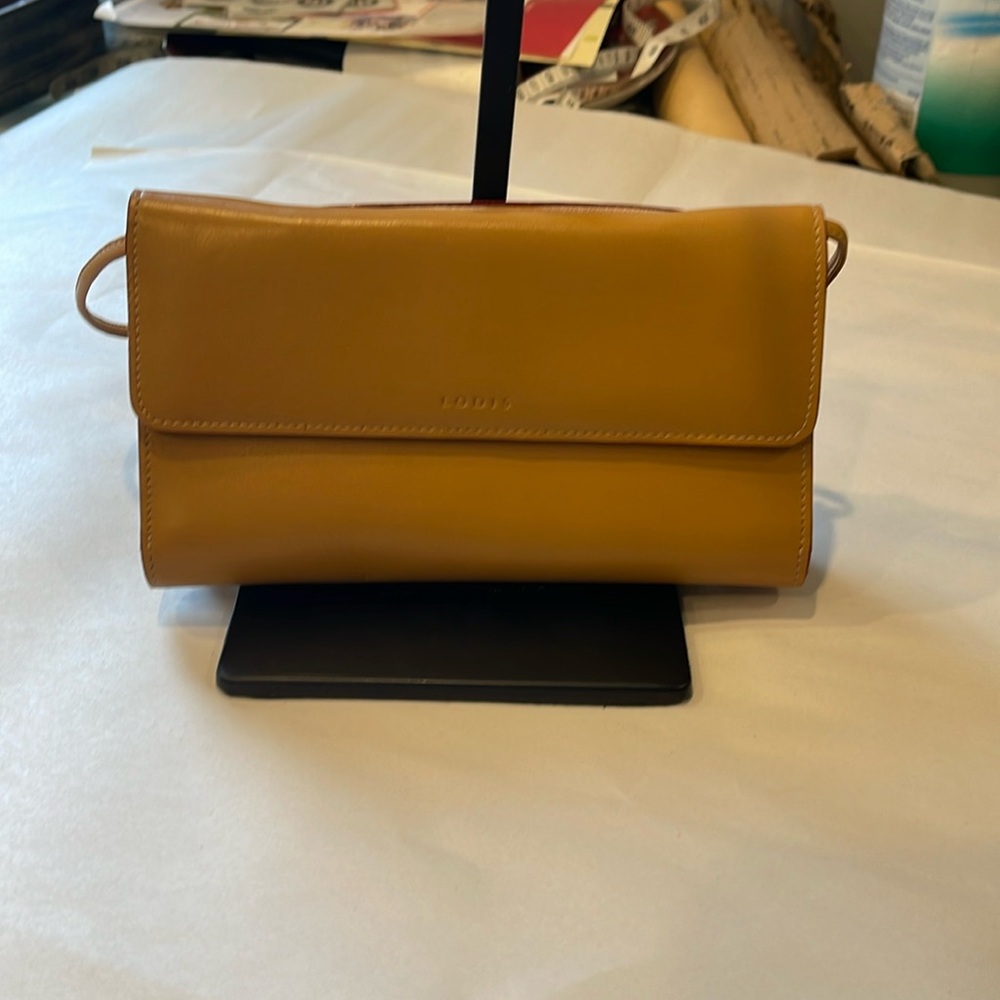 Lodis Audrey Leather Clutch Wallet VTG Tan Crossbody, Fold-Over Flap Checkbook
